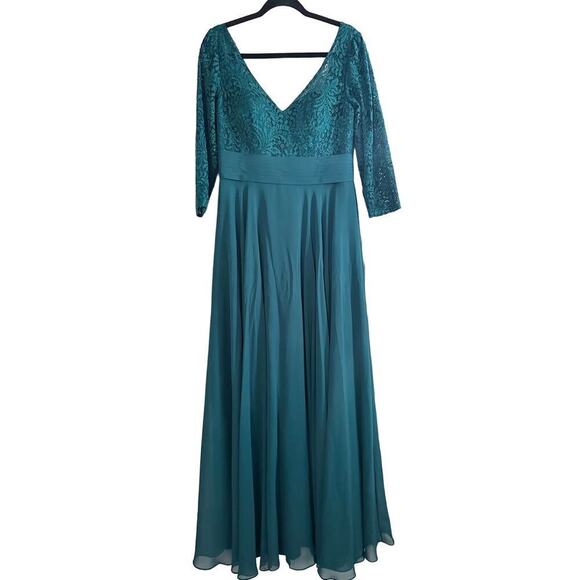 JJ’s HOUSE Dark Teal Green Lace V-Neck 3/4 Sleeve Mother Of The Bride Gown Dress - Picture 1 of 5